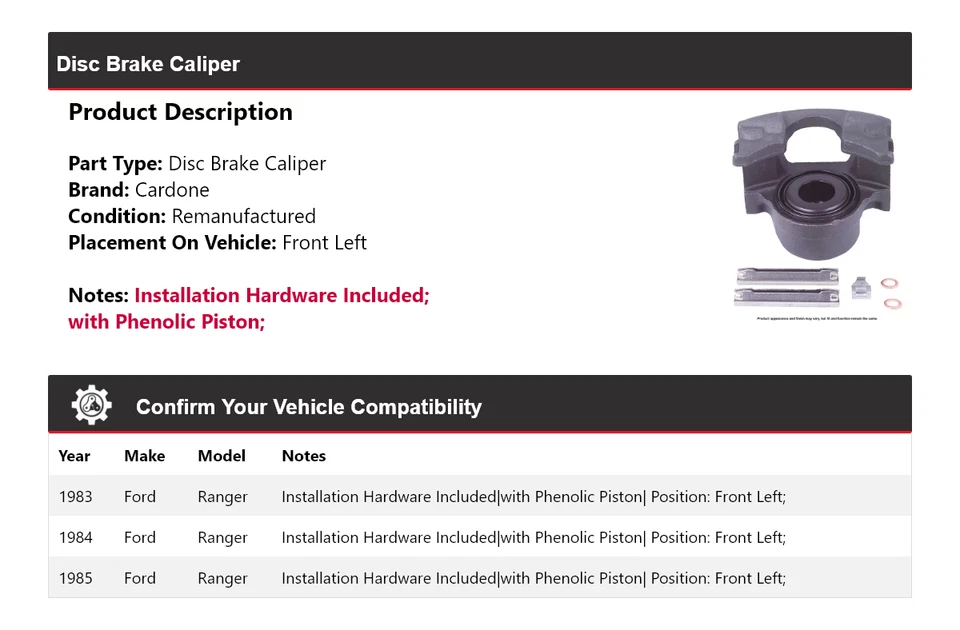 Штангенциркуль переднего левого дискового тормоза для 1983-1985 Ford Ranger Cardone 1984 - Изображение 2 из 4