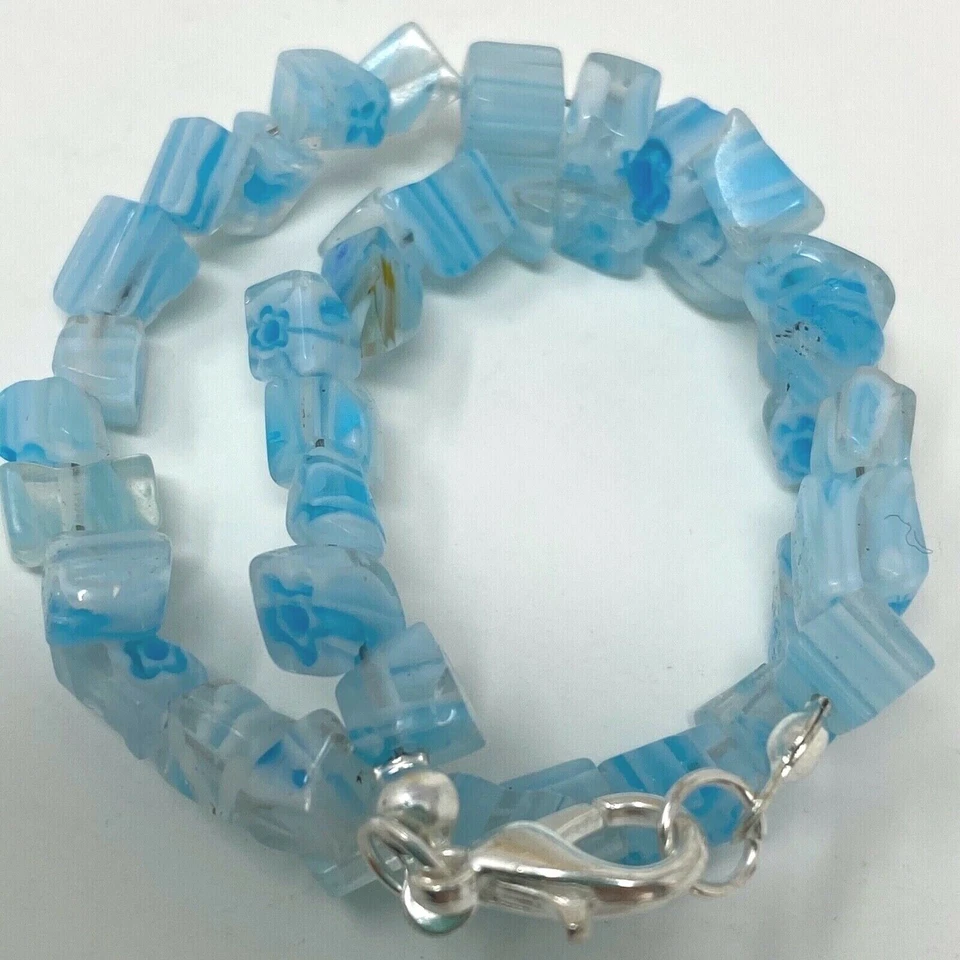 Handmade Anklet Baby Blue and White Millefiori Glass Chip Beads Silver Tone 9" - Image 4 of 4