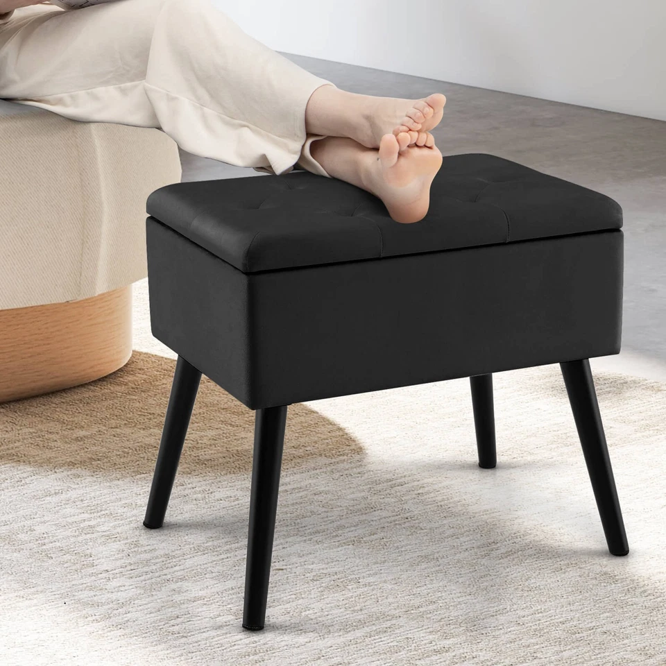 Velvet Vanity Stool Ottoman w/ Storage Solid Wood Legs Flip-Up Top for Entryway - Image 4 of 4