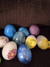 Hand Painted Ceramic 12 Easter Egg Set Vintage Hollow, Multicolor Swirl Chickie