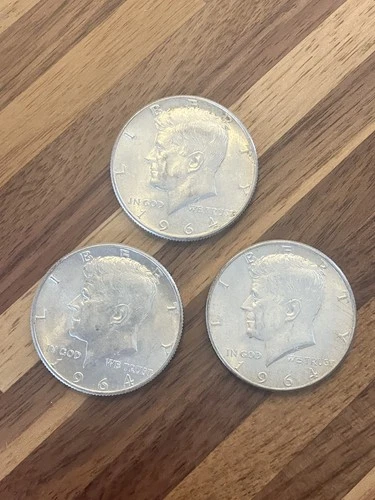 3 1964 Silver Kennedy Half Dollars - Denver Mint - 90% Silver 3 Coins Total!