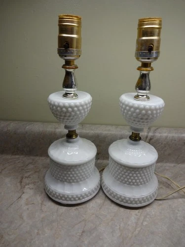 Pair of Vintage Hobnail Milk Glass Lamps Bedroom End Table Lamps