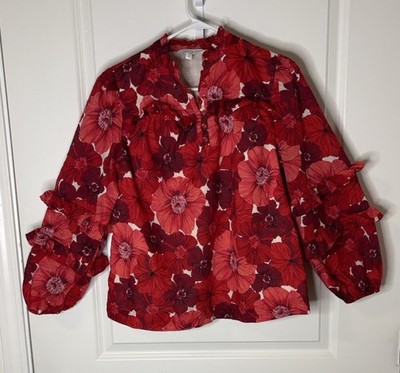 Crown & Ivy Red Pink Floral Cotton Chiffon Blouse Ruffle Neck Long Sleeve S