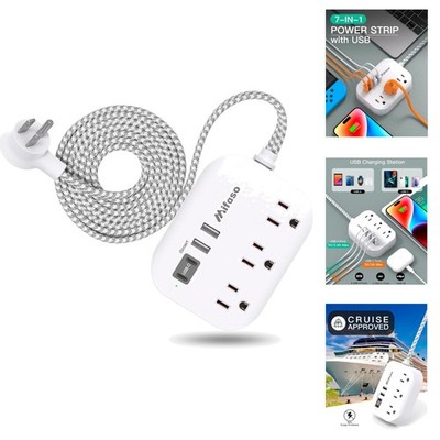 7-in-1 Travel Power Strip Flat Extension Cord Non Surge Protector Cruise Ready
