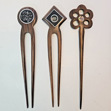 Wood Hair Sticks lot of 3 Mother of Pearl inlay 7 inch Bali Indonesian