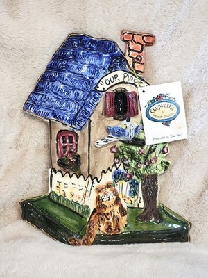 Clayworks by Heather Goldminc Blue Sky Our Place Ceramic Hanging Cat House 10''