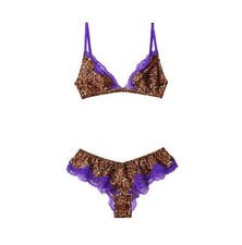 Vtg Victoria's Secret 2 Pc Pajama Set L Silk Animal Print Purple Lace Bra Shorts