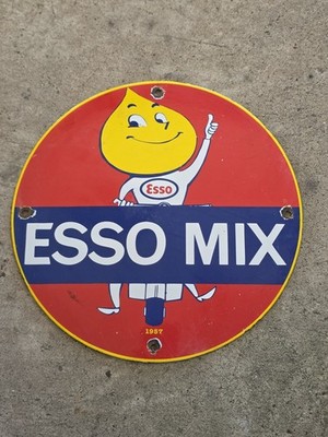 OLD VINTAGE ESSO MIX PORCELAIN ENAMEL GAS STATION PUMP METAL SIGN 12''.