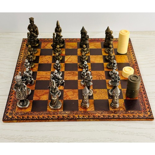 Vintage Firenze Medieval Chess Set Metal Pieces on World Map Board