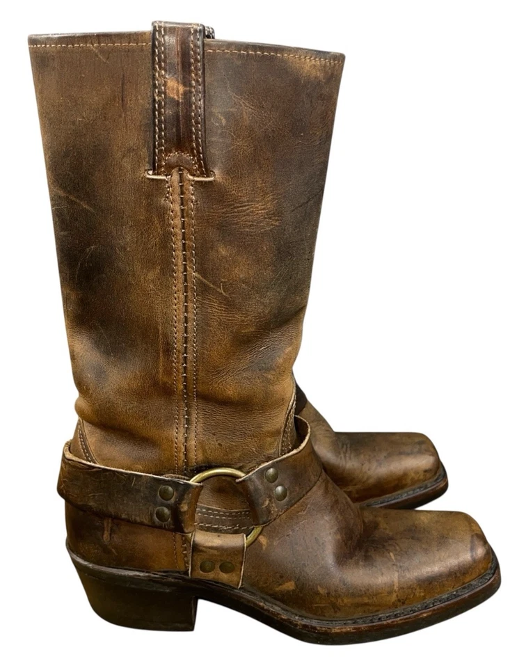 FRYE Botas 77300 Mujer 6 M Marrón Cuero Envejecido Arnés Motociclista Moto Vaquera Foto 3 de 4