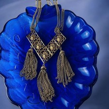 Vintage Gold-Tone Geometric Link Chain Tassel Necklace — listing 5