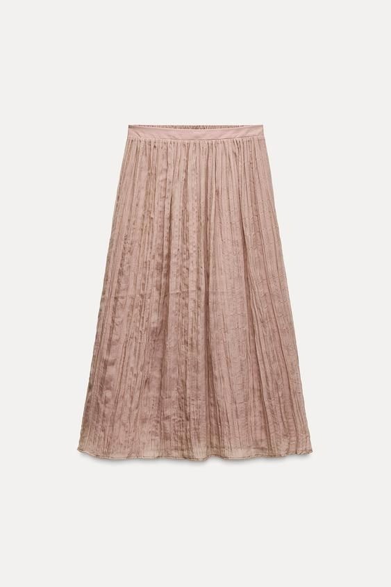 Zara Wrinkle Effect Elastic Waist Pale Pink Lined Midi Skirt image 4