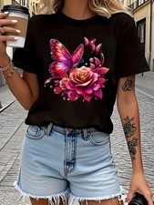 Women Creative Floral Graphic T-Shirt Elegant Flower Casual Crew Neck Tee Top