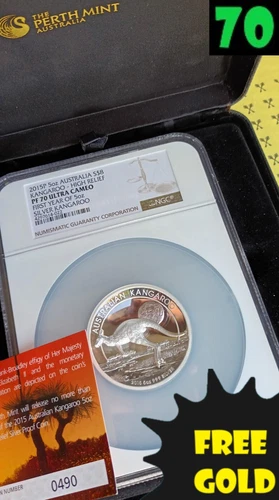 2015-P Australia $8 Kangaroo 5 Oz SILVER NGC PF 70 UCam w/CASE, COA & FREE GOLD*