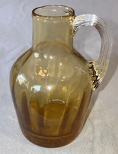 Amber Ribbed Applied Handle Blown Small Art Glass Pitcher Jug