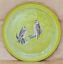 Barn Owl Plate Clear Glass w/ Olive Green Bottom Vintage? 8 inches diameter euc