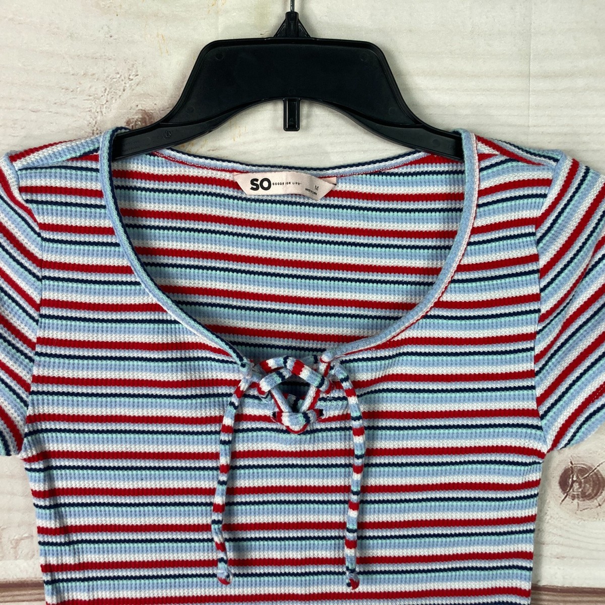 So Top Juniors Medium Stripe T-Shirt Waffle Knit Crop Short Sleeve