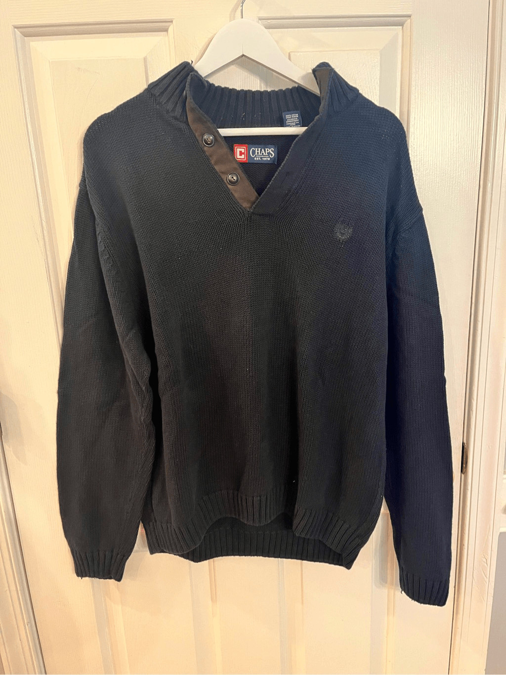 Chaps Black Mock Button Neck Elbow Patch Sweater … - image 1