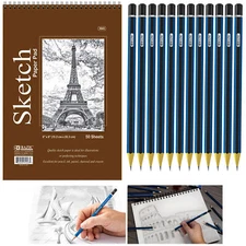 13 Pc Sketch Drawing Set Artist Book 6" X 8" Pencils Graphite 6B to 6H Graded