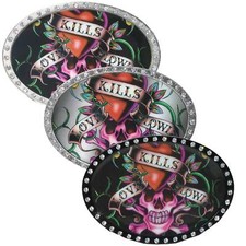 Ed Hardy Leather Belt Antique Rhinestone Skull Flower Rose Vintage Enamel Buckle