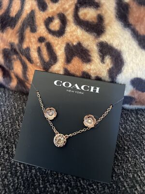 COACH Rose Gold Open Circle Necklace and Flower Earrings Set