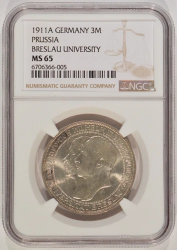1911-A Germany Silver 3 Mark Prussia Breslau University NGC MS65 6706366-005
