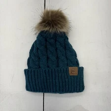 ‘Peacock’ Blue Cable Knit Beanie Hat Faux-Fur Pom Womens One Size Fits Most