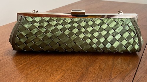 Vintage Jessica McClintock Clutch Evening Bag Purse Green Satin - Picture 2 of 10