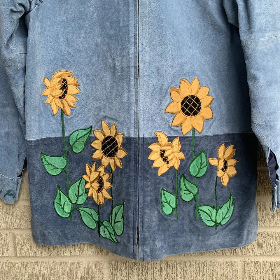 Vtg Suede Jacket w/ Sunflowers Size SMALL The Quaker Factory Blue Suede - Image 3 of 4