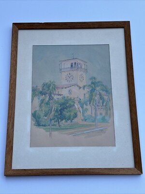 ANTIQUE PAINTING LANDSCAPE MISSION SANTA BARBARA FRIDOLIN HAASS EARLY CALIFORNIA