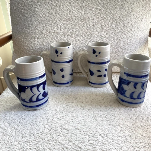 VTG Williamsburg Pottery Salt Glaze Beer Stein / Heavy Clay Mug Set of 4 Blue 