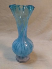 Vintage Handblown Stretch Blue White Splatter Art Glass Vase Ruffled 5.25"