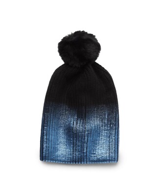 JOCELYN Faux Fur Pom Metallic Ombré Knit Beanie Hat Jocelyn Fur Metallic Hat With Silver Fox Pom - Gunmetal  main image 2