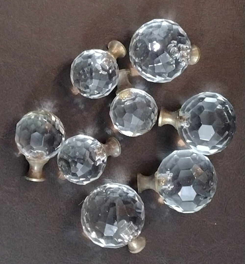 Lot of 8 Vintage Faceted Glass Brass Cabinet Drawer Knobs