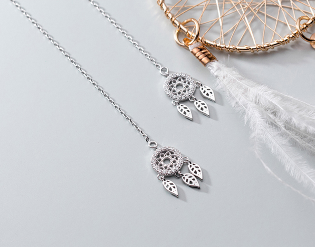 Sterling Silver Threader Dream Catcher Zirconia Pull Through Earrings Gift A1313