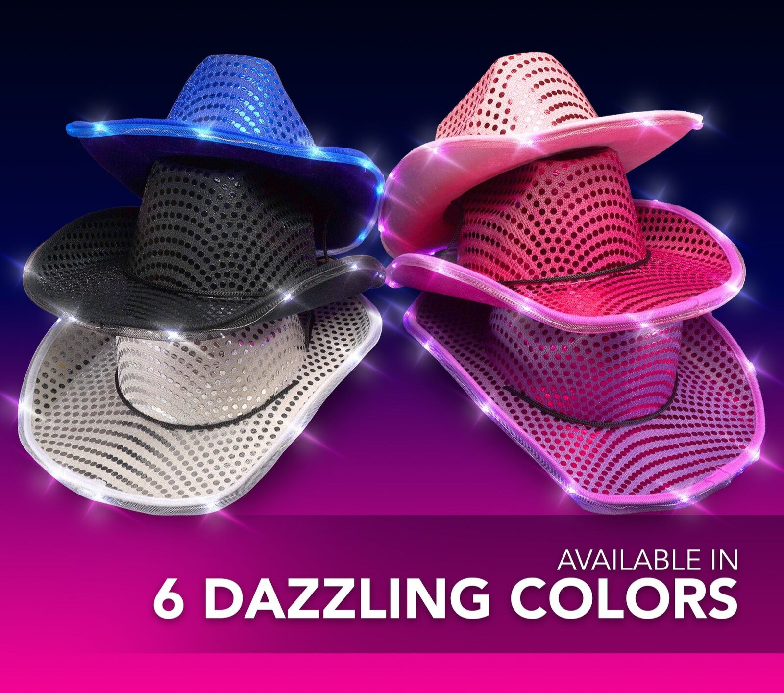 LED Light Up Flashing Sequin Cowboy Hats Assorted color Pack of 9 By Party Glowz