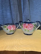 Vintage Nippon Hand Painted Cobalt Blue Cabbage Rose Creamer & Sugar Bowl