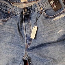 Levi's 501 Series Womenss Blue Denim Straight Jeans Medium Wash Distressed