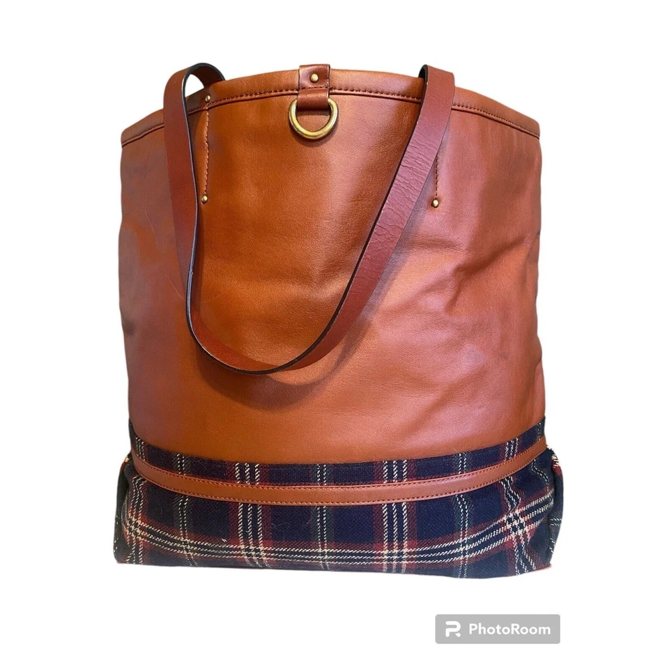 Bolsa de ombro Brooks Brothers 2 peças tote e pulseira couro marrom xadrez tartan dupla - Imagem 2 de 4