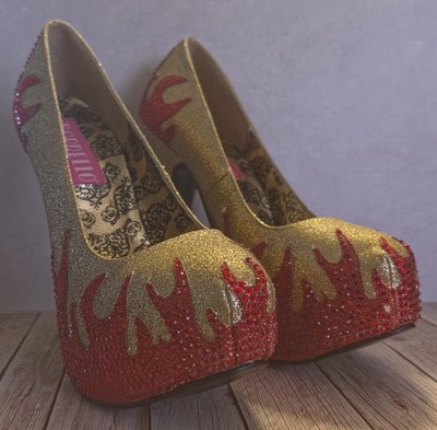 Gold Glitter Red Fire Rhinestone Flame Platform Heels Pumps Size 7 Bordello Tall