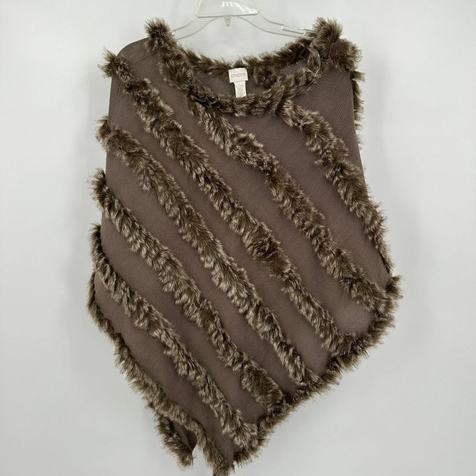 Chicos Womens Boho Chic Faux Fur Striped Poncho Size L/XL Glam Quiet Luxury