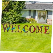 Glitzhome Set of 7 Metal Garden Stakes Decor Welcome Letters with Flowers 