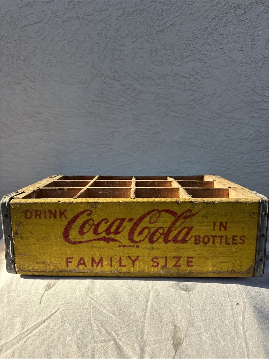 Vintage Yellow & Red Coca-Cola Family Size Wood Crate For 12