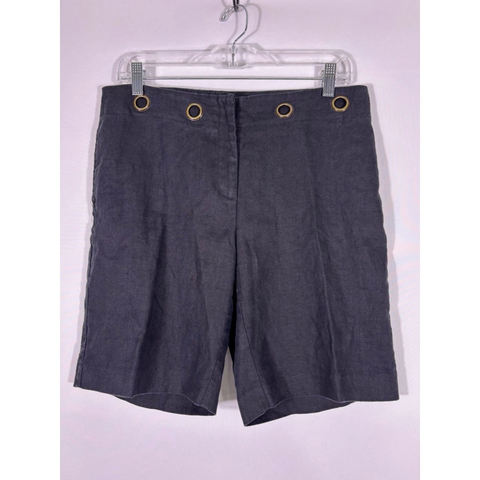Elliott Lauren 100% Linen Shorts Gray Grommet Waist Tailored USA Size 6