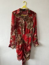 PRETTYLITTLETHING UK 8 Red Mesh Shirt Dress With Gold Baroque Design And Belt