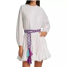 NEW $428 RHODE ELLA FLOWY WHITE MINI DRESS W/MULTICOLOR BRAIDED BELT SIZE S