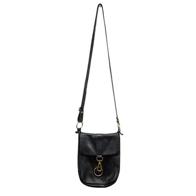 THE TREND Black Leather Flap Front Brass-Tone Hardware Crossbody Bag