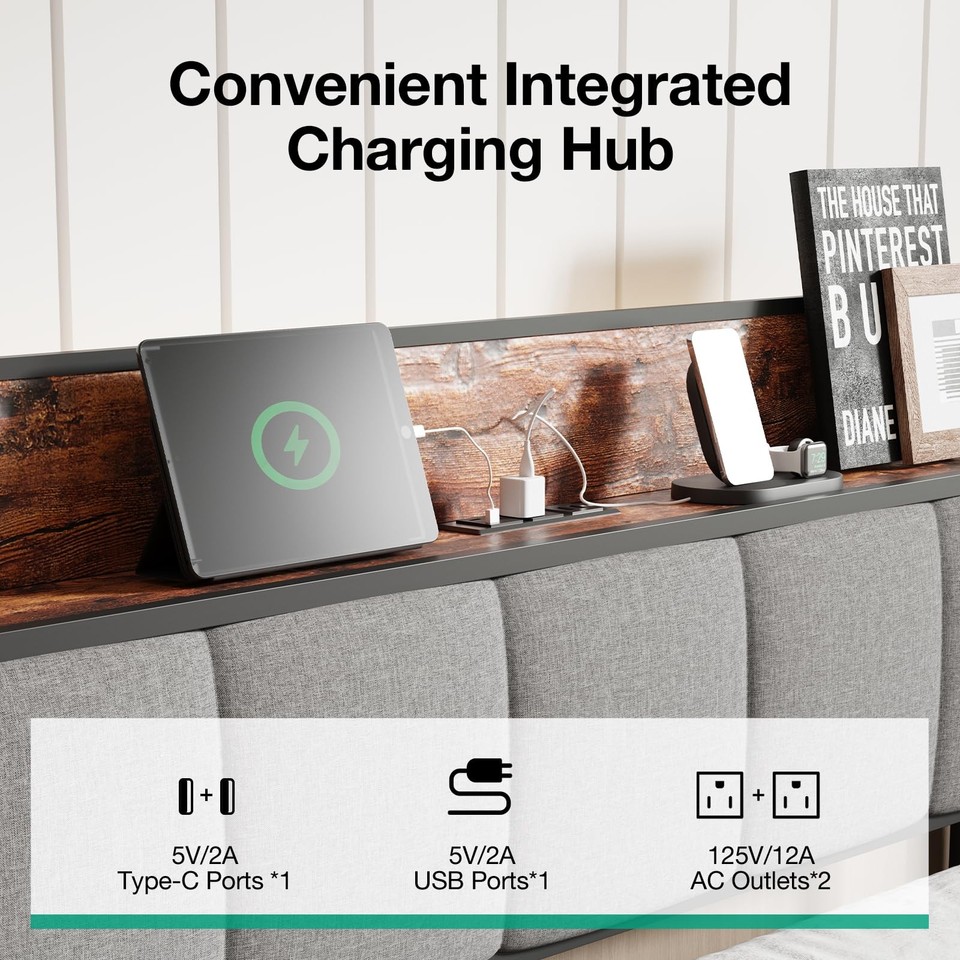 Full Size Bed Frame with Charging Station USB/Type-C & Storage ...