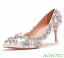 Women's Rhinestone Decor Mid Heels Pointy Toe Bride Wedding Party Dress Shoes SZ