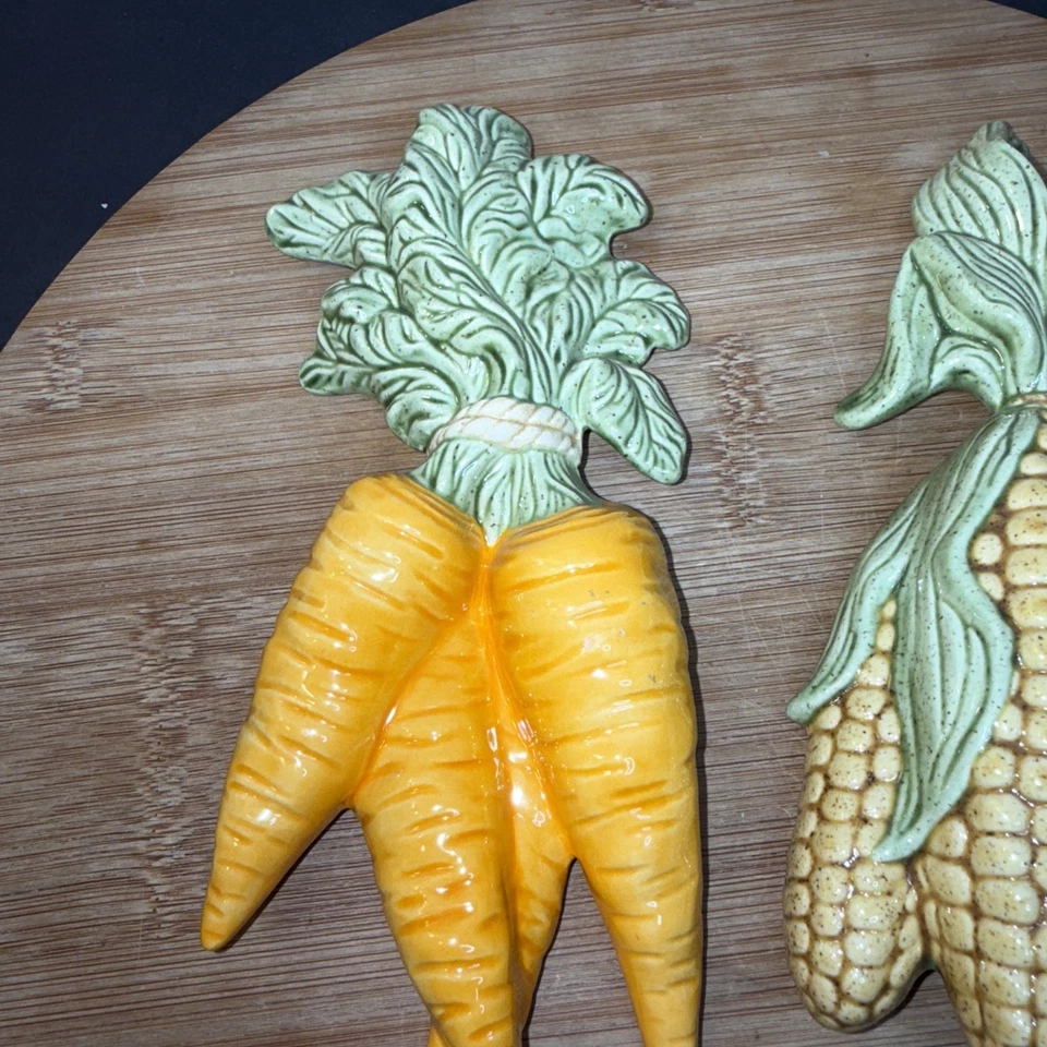 Винтажные глазурованные керамические 3D поднятые овощи настенные таблички кукуруза морковь сердцевина коттеджа - Изображение 2 из 4